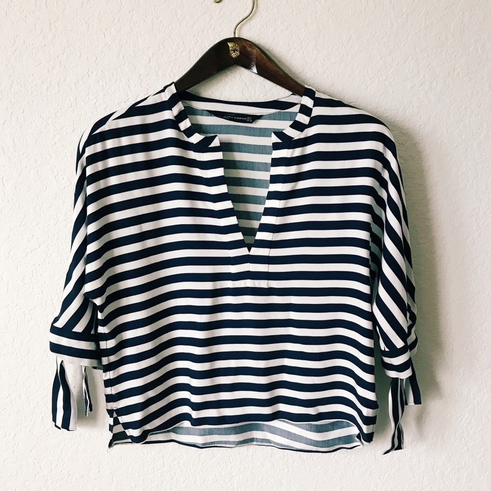 Zara Striped Tie Sleeve Blouse Top